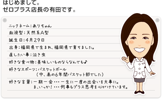 はじめまして。ゼロプラス店長の有田です。