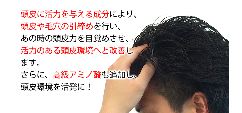 頭皮に活力を与える成分により、頭皮や毛穴の引締めを行い、あの時の頭皮力を目覚めさせ、抜けにくい頭皮環境へと改善します。さらに、高級アミノ酸も追加し、頭皮環境を活発に！