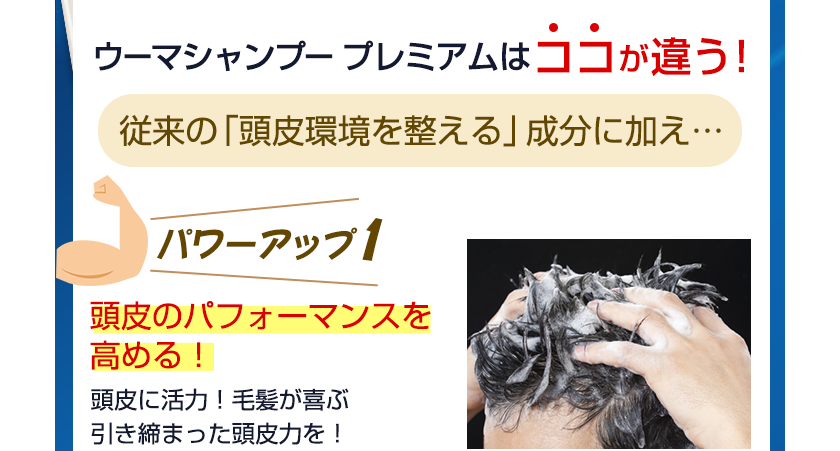 従来の「頭皮環境を整える」成分に加え…頭皮のパフォーマンスを高める！頭皮に活力！毛髪が喜ぶ引き締まった頭皮力を！