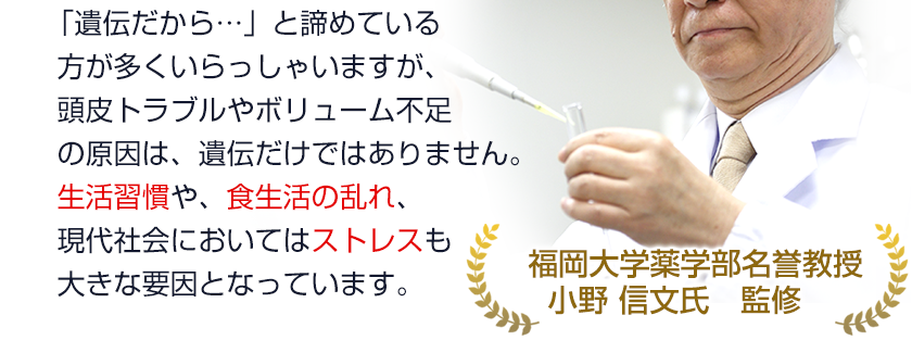 「遺伝だから…」と諦めている方が多くいらっしゃいますが、抜け毛・薄毛の原因は、遺伝だけではありません。
生活習慣や、食生活の乱れ、現代社会においてはストレスも大きな要因となっています。
【福岡大学薬学部名誉教授 小野 信文氏　監修】