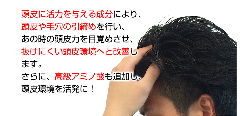 頭皮に活力を与える成分により、頭皮や毛穴の引締めを行い、あの時の頭皮力を目覚めさせ、抜けにくい頭皮環境へと改善します。さらに、高級アミノ酸も追加し、頭皮環境を活発に！