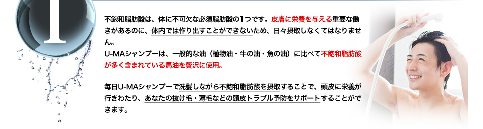 不飽和脂肪酸は、体に不可欠な必須脂肪酸の1つです。皮膚に栄養を与える重要な働きがあるのに、体内では作り出すことができないため、日々摂取しなくてはなりません。U-MAシャンプーは、一般的な油（植物油・牛の油・魚の油）に比べて不飽和脂肪酸が多く含まれている馬油を贅沢に使用。毎日U-MAシャンプーで洗髪しながら不飽和脂肪酸を摂取することで、頭皮に栄養が行きわたり、あなたの抜け毛・薄毛などの頭皮トラブル予防をサポートすることができます。