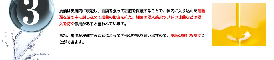 馬油は皮膚内に浸透し、油膜を張って細胞を保護することで、体内に入り込んだ細菌類を油の中に封じ込めて細菌の働きを抑え、細菌の侵入感染やブドウ球菌などの侵入を防ぐ作用があると言われています。また、馬油が浸透することによって内部の空気を追い出すので、皮脂の酸化も防ぐことができます。