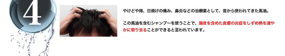 やけどや痔、日焼けの痛み、鼻炎などの治療薬として、昔から使われてきた馬油。この馬油を含むシャンプーを使うことで、頭皮を含めた皮膚の炎症をしずめ熱を速やかに取り去ることができると言われています。