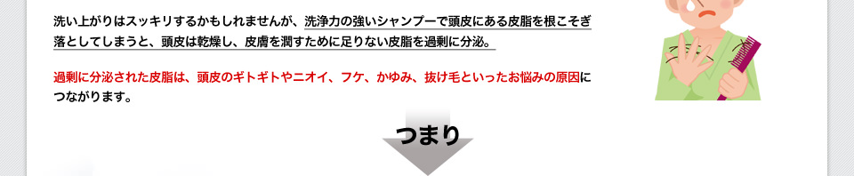 洗い上がりはスッキリするかもしれませんが、洗浄力の強いシャンプーで頭皮にある皮脂を根こそぎ落としてしまうと、頭皮は乾燥し、皮膚を潤すために足りない皮脂を過剰に分泌。過剰に分泌された皮脂は、頭皮のギトギトやニオイ、フケ、かゆみ、抜け毛といったお悩みの原因につながります。つまり