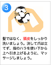 3　髪ではなく、頭皮をしっかり洗いましょう。決して爪は立てず、指のハラを使い下から上へ引き上げるように、マッサージしましょう。