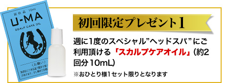 初回限定プレゼント1　週に1度のスペシャル“ヘッドスパ”にご利用頂ける「スカルプケアオイル」（約2回分　10mL）※おひとり様1セット限りとなります