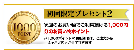 初回限定プレゼント2　次回のお買い物でご利用頂ける1,000円分のお買い物ポイント※1,000ポイントの利用期限は、ご注文から4ヶ月以内とさせて頂きます