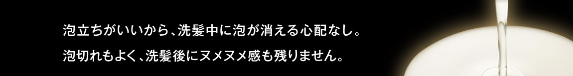 泡立ちがいいから、洗髪中に泡が消える心配なし。泡切れもよく、洗髪後にヌメヌメ感も残りません。